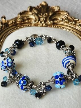 925 Sterling Murano Glass Beaded Bracelet Lampwork Wedding Cake Vintage Artisan
